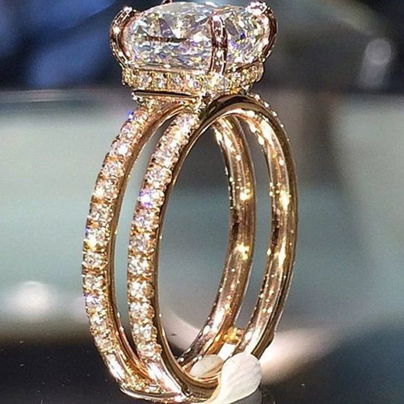 Women's Metal Zircon Diamond Ring With Flower Design Rose Gold Plated
