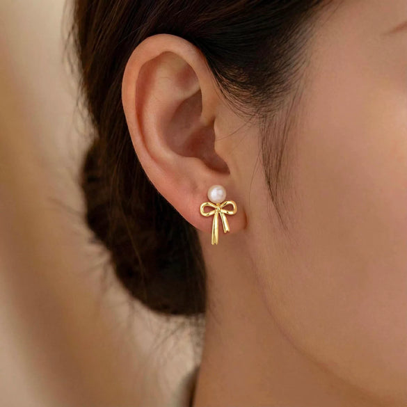 Women's Minimalist Bow Tassel Earrings With Imitation Pearls Geometric Design Stainless Steel Posts Electroplated High End Fashion Jewelry
