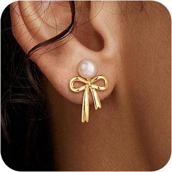 Women's Minimalist Bow Tassel Earrings With Imitation Pearls Geometric Design Stainless Steel Posts Electroplated High End Fashion Jewelry