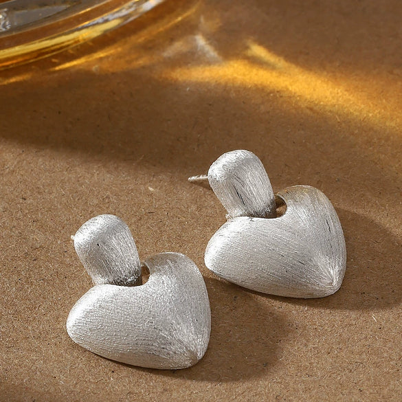 Women's Minimalist Brushed Metal Heartshaped Earrings With Copper Ear Posts And Handfinished Detail