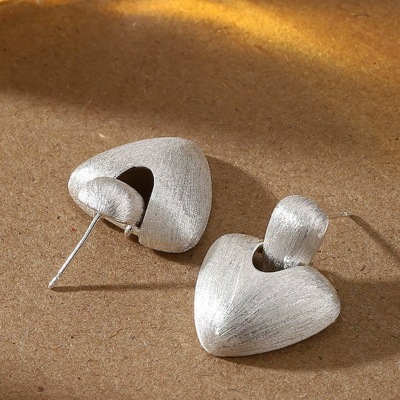 Women's Minimalist Brushed Metal Heartshaped Earrings With Copper Ear Posts And Handfinished Detail
