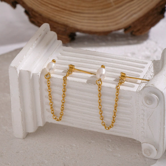 Women's Minimalist Casual Geometric Stainless Steel Freshwater Pearl Earrings With Chain Tassels Pvd Furnace Vacuum Real Gold Plated
