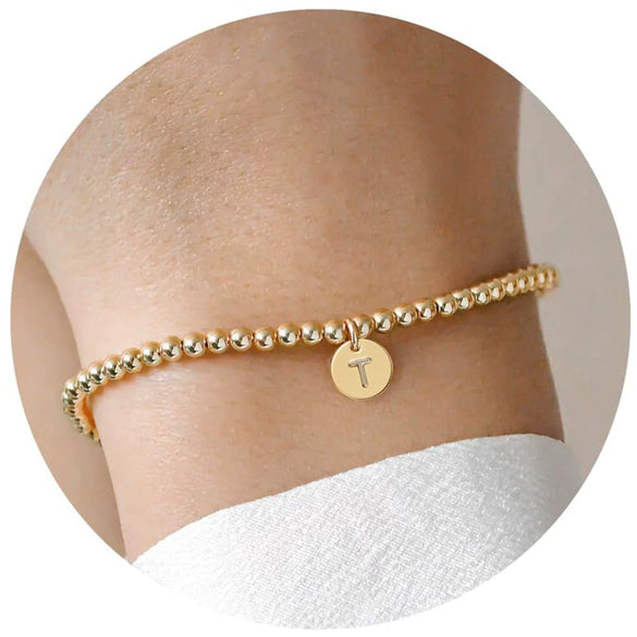 Women's Minimalist Copper Bead Bracelet With Gold Electroplated Letter Charms Round Disc Pendant And Elastic Beaded String