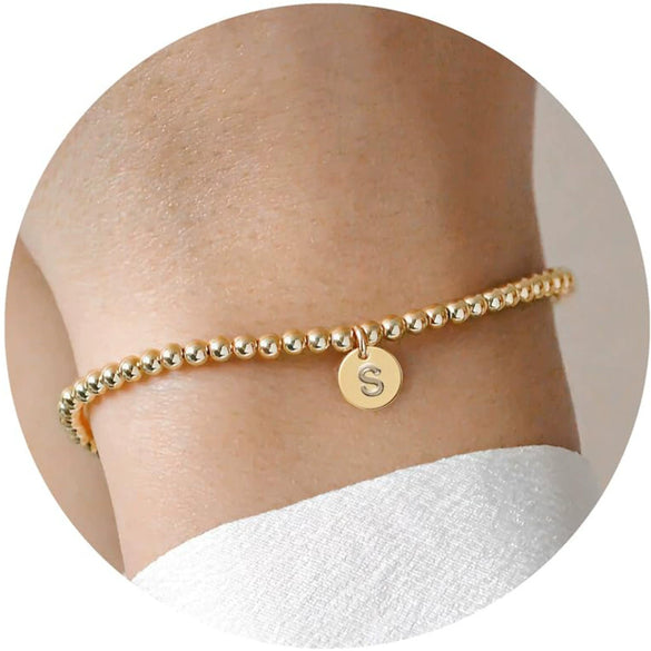 Women's Minimalist Copper Bead Bracelet With Gold Electroplated Letter Charms Round Disc Pendant And Elastic Beaded String