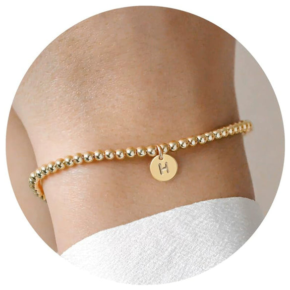 Women's Minimalist Copper Bead Bracelet With Gold Electroplated Letter Charms Round Disc Pendant And Elastic Beaded String