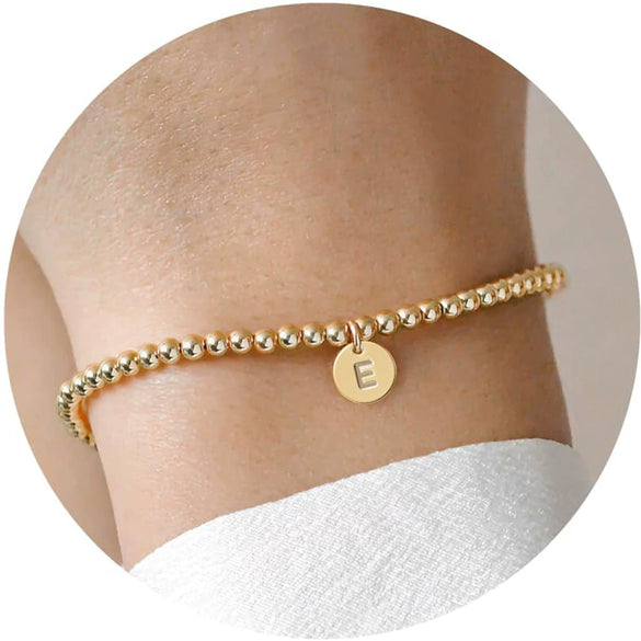 Women's Minimalist Copper Bead Bracelet With Gold Electroplated Letter Charms Round Disc Pendant And Elastic Beaded String