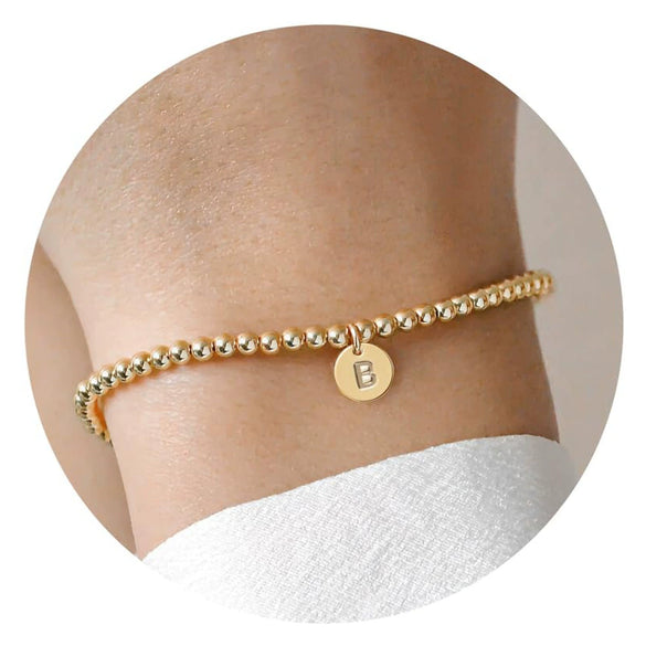 Women's Minimalist Copper Bead Bracelet With Gold Electroplated Letter Charms Round Disc Pendant And Elastic Beaded String