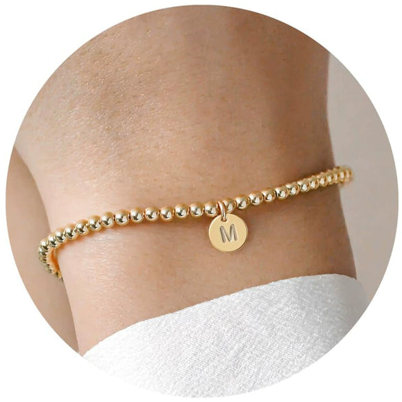 Women's Minimalist Copper Bead Bracelet With Gold Electroplated Letter Charms Round Disc Pendant And Elastic Beaded String