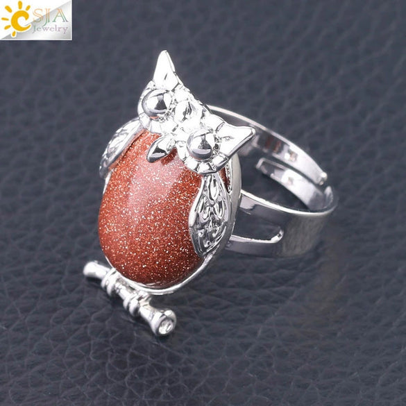 Women's Minimalist Cute Owl Animal Ring With Natural Stone Inlay Adjustable Copper Round Convex Design