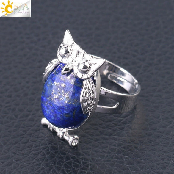 Women's Minimalist Cute Owl Animal Ring With Natural Stone Inlay Adjustable Copper Round Convex Design