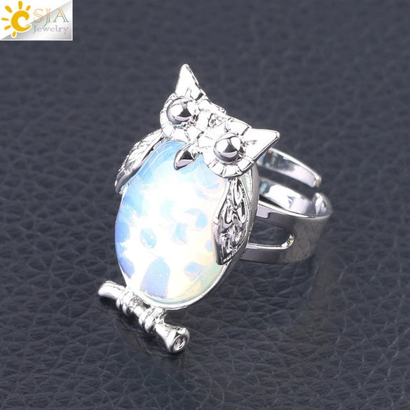 Women's Minimalist Cute Owl Animal Ring With Natural Stone Inlay Adjustable Copper Round Convex Design