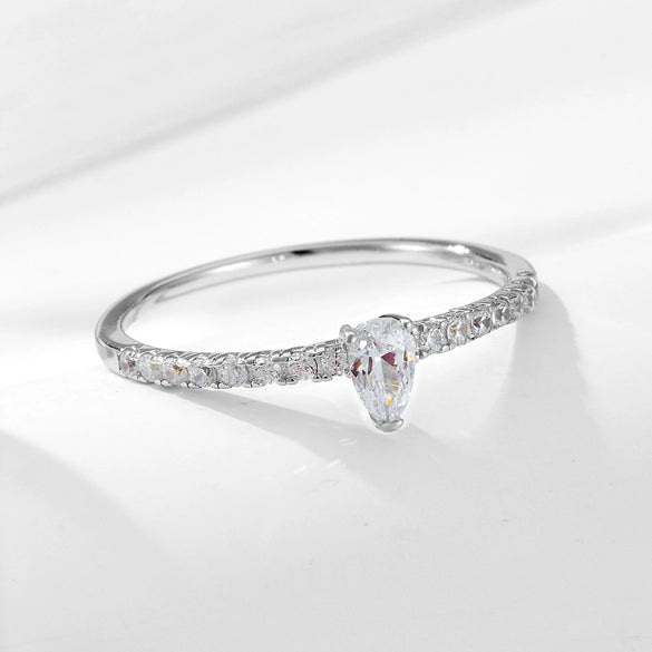 Women's Minimalist Diamond Design Drop Shape Sterling Silver Ring Jewelry