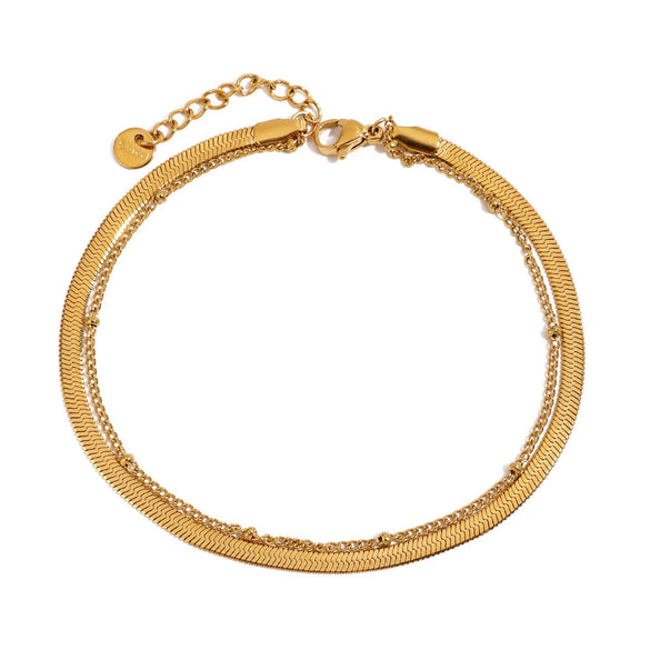Women's Minimalist Doublelayer Square Shell Bead Anklet In Titanium Steel And 18K Gold