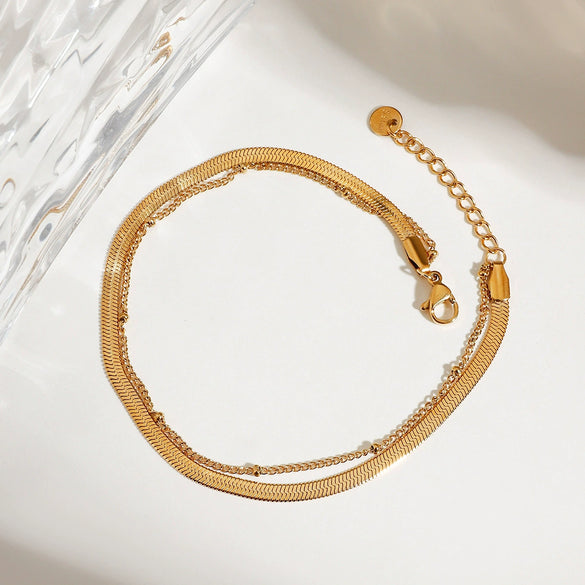 Women's Minimalist Doublelayer Square Shell Bead Anklet In Titanium Steel And 18K Gold