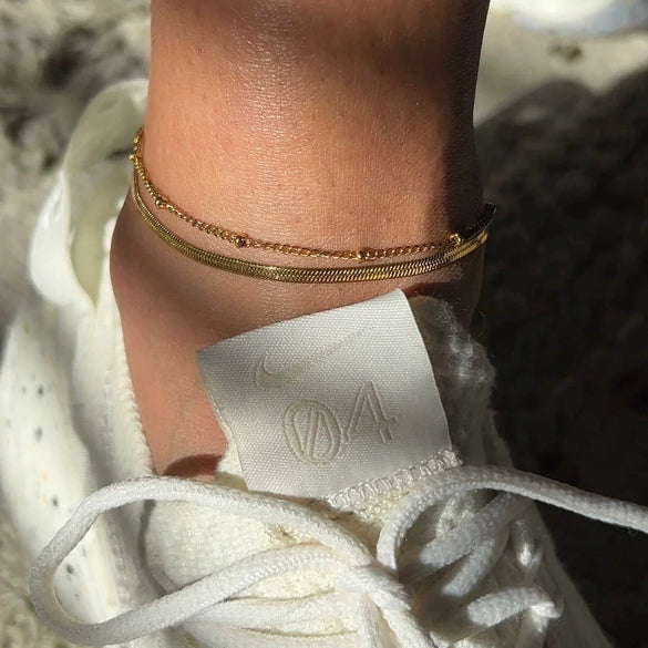 Women's Minimalist Doublelayer Square Shell Bead Anklet In Titanium Steel And 18K Gold