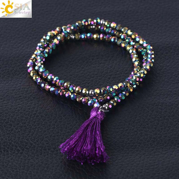 Women's Minimalist Electroplated Glass Crystal Beaded Multi Layer Elastic Bracelet With Faceted Seed Beads And Tassel Copper Accents