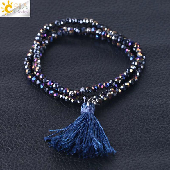 Women's Minimalist Electroplated Glass Crystal Beaded Multi Layer Elastic Bracelet With Faceted Seed Beads And Tassel Copper Accents