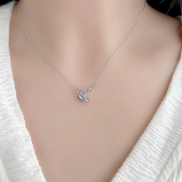 Women's Minimalist Fantasy Planet Necklace 925 Sterling Silver With Cross Chain And Electroplating