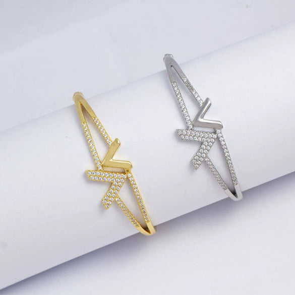 Women's Minimalist Fashion Bracelet Copper Electroplating Double V Design Full Diamond Light Luxury Highend Jewelry