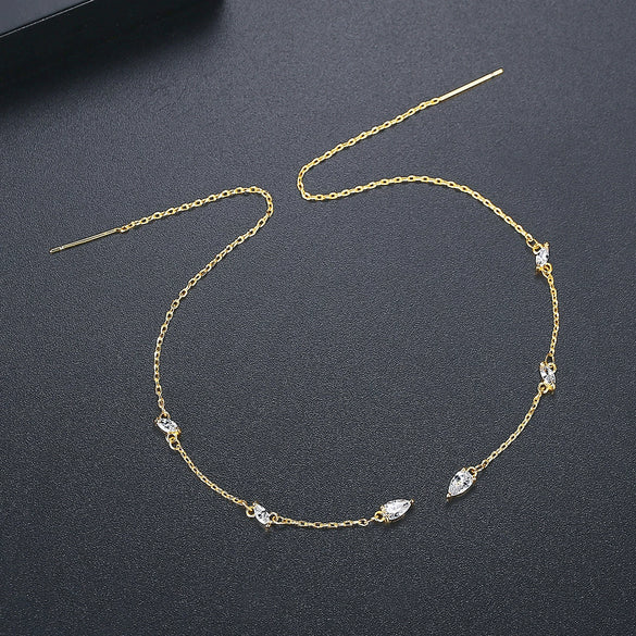 Women's Minimalist Geometric Copper Ear Threader Tassel Earrings With Zircon Accents And Elegant Long Drop Design