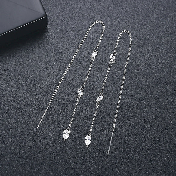 Women's Minimalist Geometric Copper Ear Threader Tassel Earrings With Zircon Accents And Elegant Long Drop Design