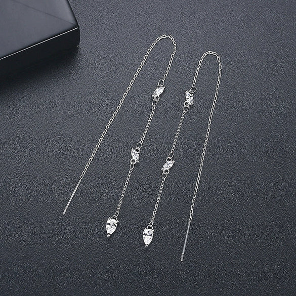 Women's Minimalist Geometric Copper Ear Threader Tassel Earrings With Zircon Accents And Elegant Long Drop Design