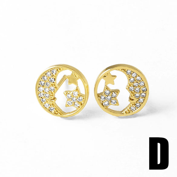 Women's Minimalist Geometric Copper Gold Plated Zircon Star And Smiley Earrings