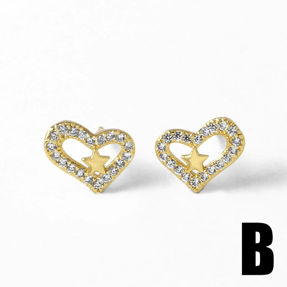 Women's Minimalist Geometric Copper Gold Plated Zircon Star And Smiley Earrings