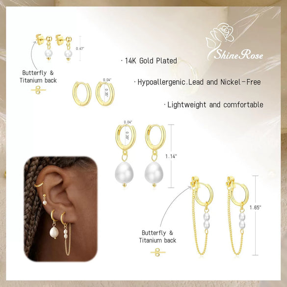 Women's Minimalist Geometric Copper Pearl Stud And Chain Earrings Set With Zirconia And Stainless Steel Ear Needles