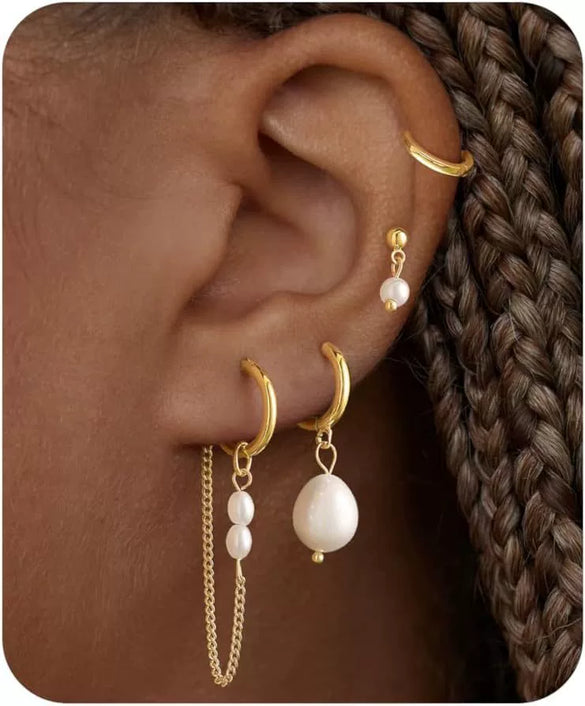 Women's Minimalist Geometric Copper Pearl Stud And Chain Earrings Set With Zirconia And Stainless Steel Ear Needles