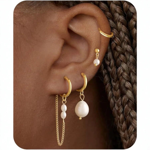 Women's Minimalist Geometric Copper Pearl Stud And Chain Earrings Set With Zirconia And Stainless Steel Ear Needles