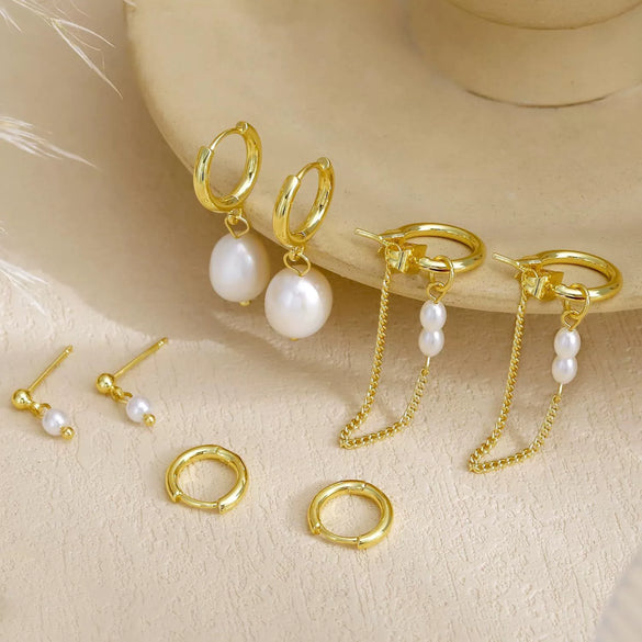 Women's Minimalist Geometric Copper Pearl Stud And Chain Earrings Set With Zirconia And Stainless Steel Ear Needles