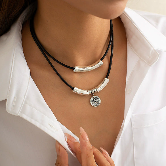Women's Minimalist Geometric Metal Alloy Pendant Necklace With Leather Wax Thread Chain And Electroplating Treatment