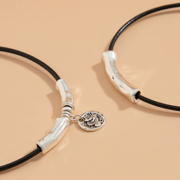 Women's Minimalist Geometric Metal Alloy Pendant Necklace With Leather Wax Thread Chain And Electroplating Treatment