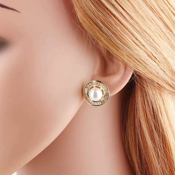 Women's Minimalist Geometric Pearl Shell Copper Gold Plated Zircon Earrings