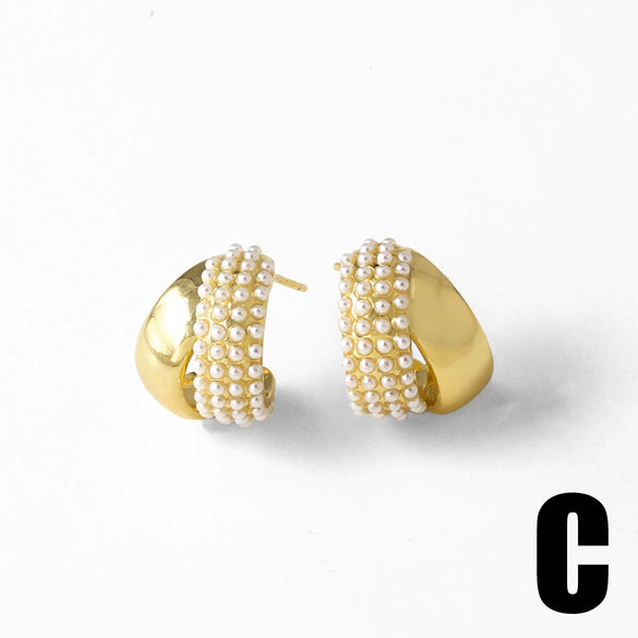 Women's Minimalist Geometric Pearl Shell Copper Gold Plated Zircon Earrings