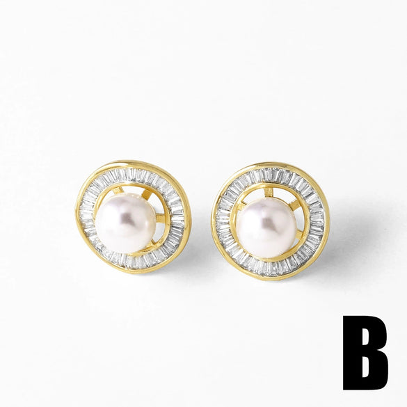 Women's Minimalist Geometric Pearl Shell Copper Gold Plated Zircon Earrings
