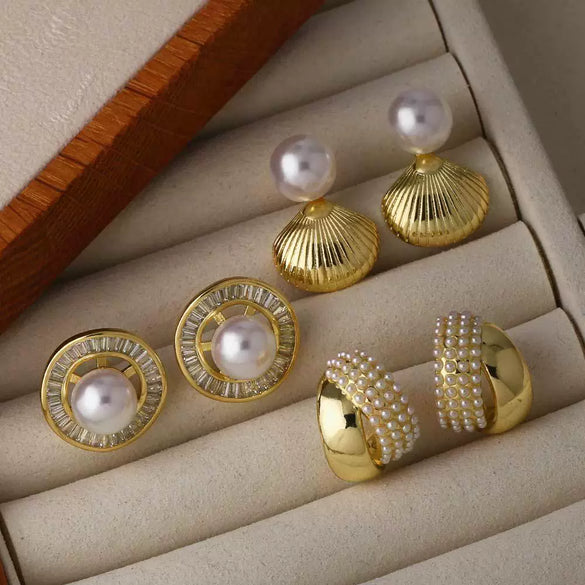 Women's Minimalist Geometric Pearl Shell Copper Gold Plated Zircon Earrings