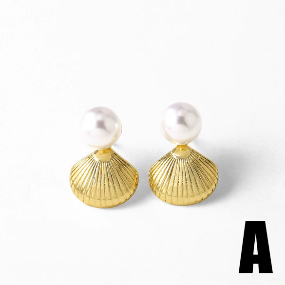 Women's Minimalist Geometric Pearl Shell Copper Gold Plated Zircon Earrings