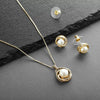 Women's Minimalist Geometric Pendant Necklace And Earring Set With Imitation Pearl And Yew Wood Electroplated Gold Tone Old Money Style Jewelry