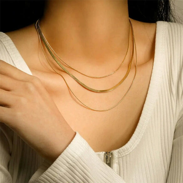 Women's Minimalist Gold Plated Stainless Steel Snake Bone Chain Necklace With Geometric Pattern And Pvdp Furnace Real Gold Treatment