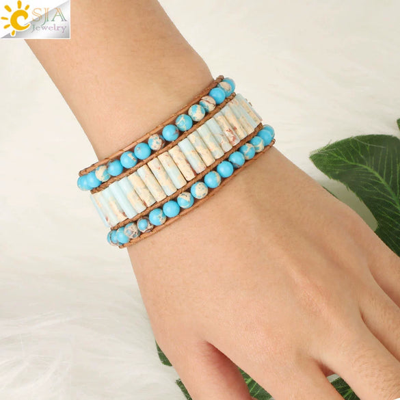Women's Minimalist Hand Woven Three Layer Turquoise Beaded Bracelet With Geometric Round Bead Design