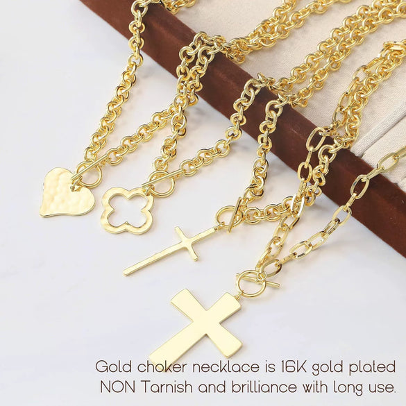 Women's Minimalist Heart And Star Geometric Necklace Set With Cut Out Metal Pendants And Cross Chain Street Style Statement Jewelry