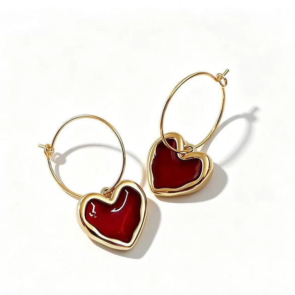 Women's Minimalist Heart Shape Copper Earrings With Electroplated Gold Finish And Red Enamel Love Pendant Design