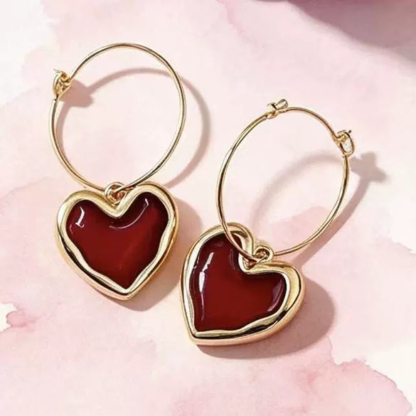 Women's Minimalist Heart Shape Copper Earrings With Electroplated Gold Finish And Red Enamel Love Pendant Design