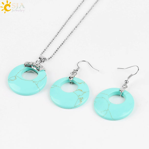Women's Minimalist Natural Stone And Copper Jewelry Set Hollow Concentric Round Pendant Necklace And Earrings With Tiger Eye Crystal Accent