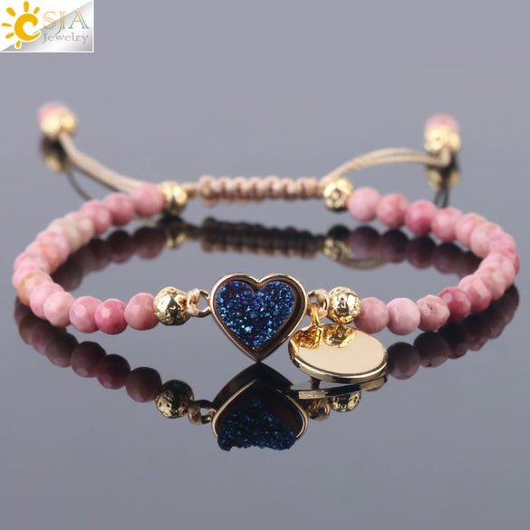 Women's Minimalist Natural Stone Beaded Woven Bracelet With Heart Pendant Adjustable Handmade Alloy Electroplated Jewelry