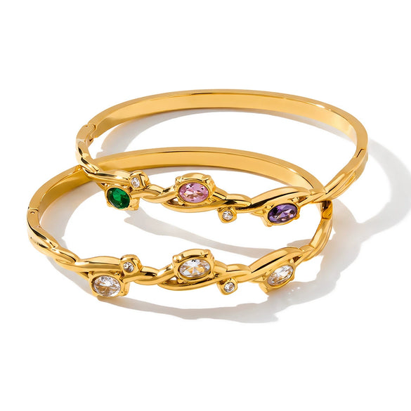 Women's Minimalist Oval Geometric Bracelet With Zircon Accents 18K Gold Plated Stainless Steel Jewelry