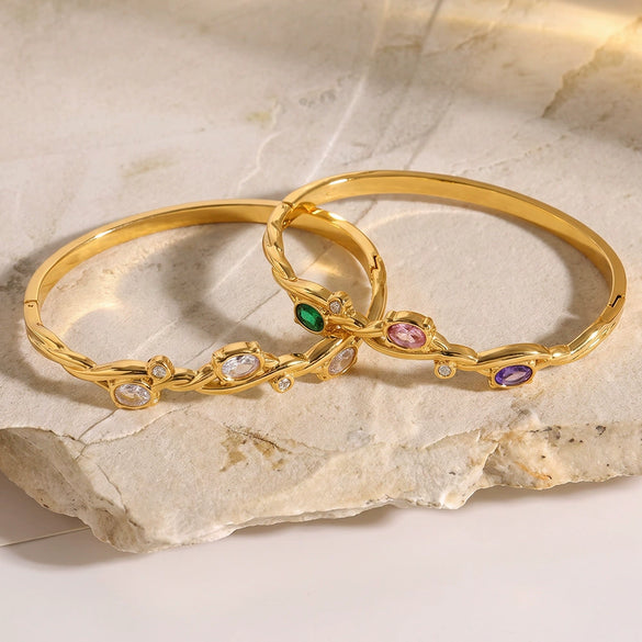 Women's Minimalist Oval Geometric Bracelet With Zircon Accents 18K Gold Plated Stainless Steel Jewelry
