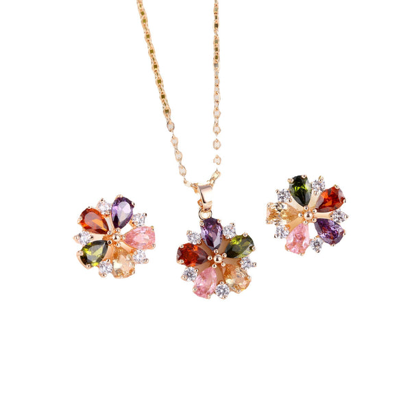 Women's Minimalist Plant Flowers Gold Plated Copper And Artificial Zircon Necklace And Earrings Set
